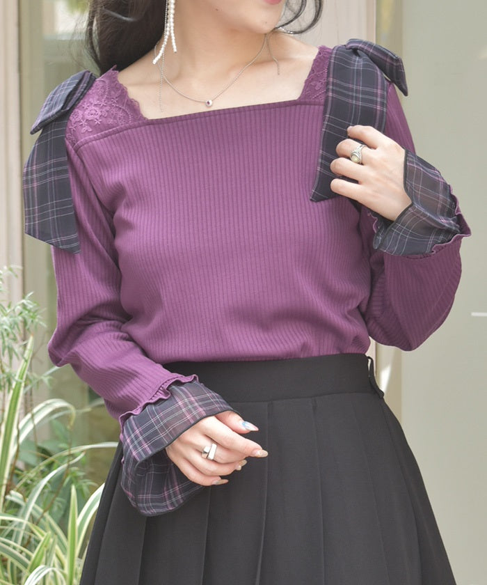 Check Pattern Chiffon Ribbon Pullover