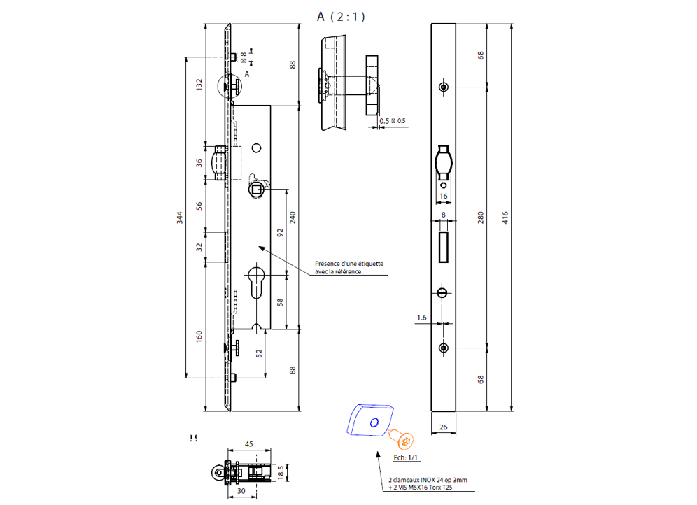 T920007 - Serrure 3 points à rouleau TECHNAL gamme PY
