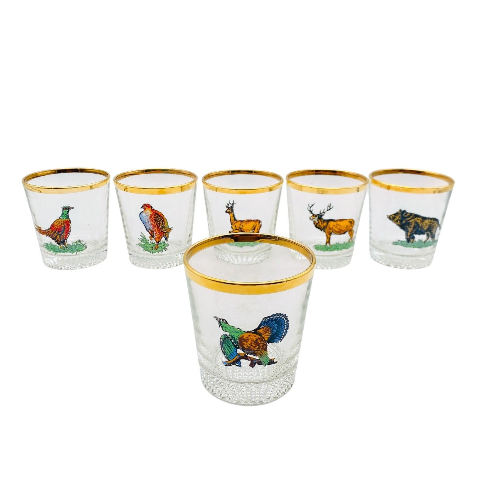 Whiskygläser 6er Set bemalt 60er 70er Vintage H 8,2 cm Waldtiere Goldrand Vintag